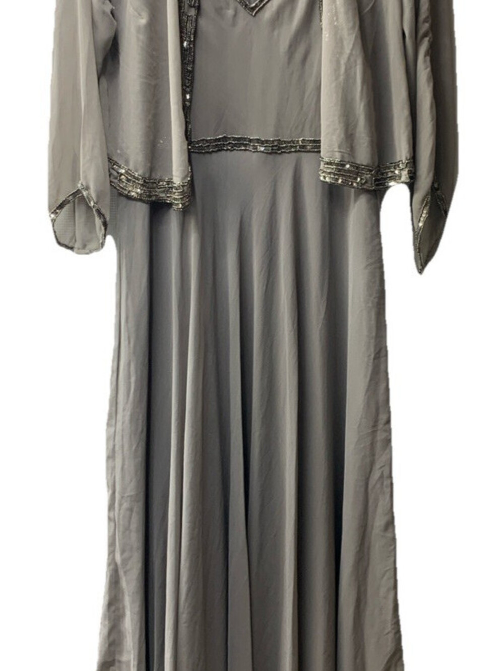 J Kara Women's 2 Piece Set Metallic Beaded Long Jacket Dress, Mercury, Size 16W